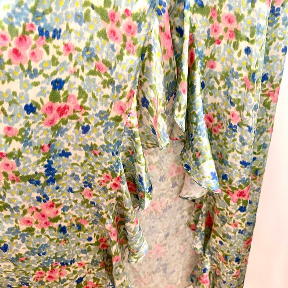 NOTES DU NORD Designer Pink Blue & Green Ruffle Floral Maxi Silk Dress – US 6/8 - Picture 8 of 16